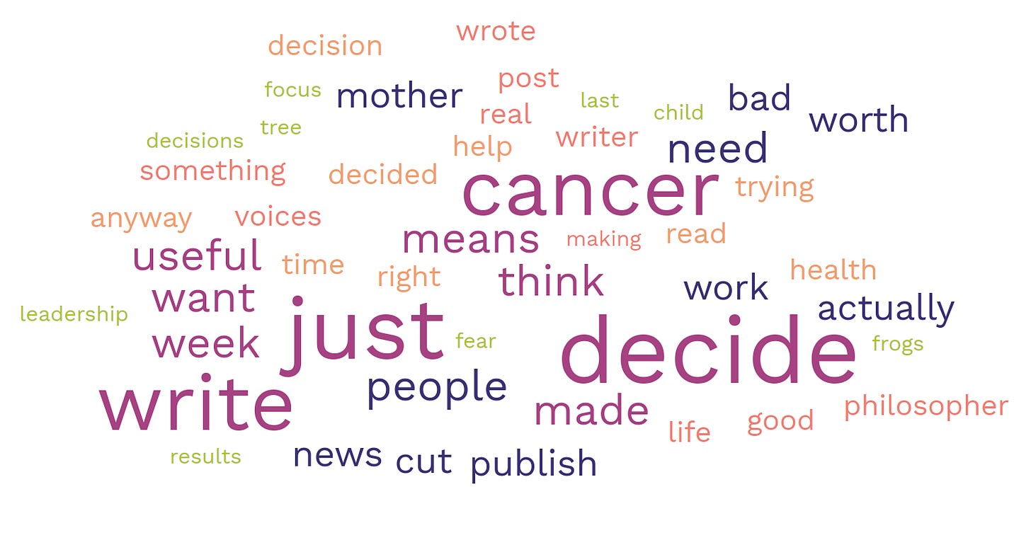 word cloud featuring the words cancer just write decide