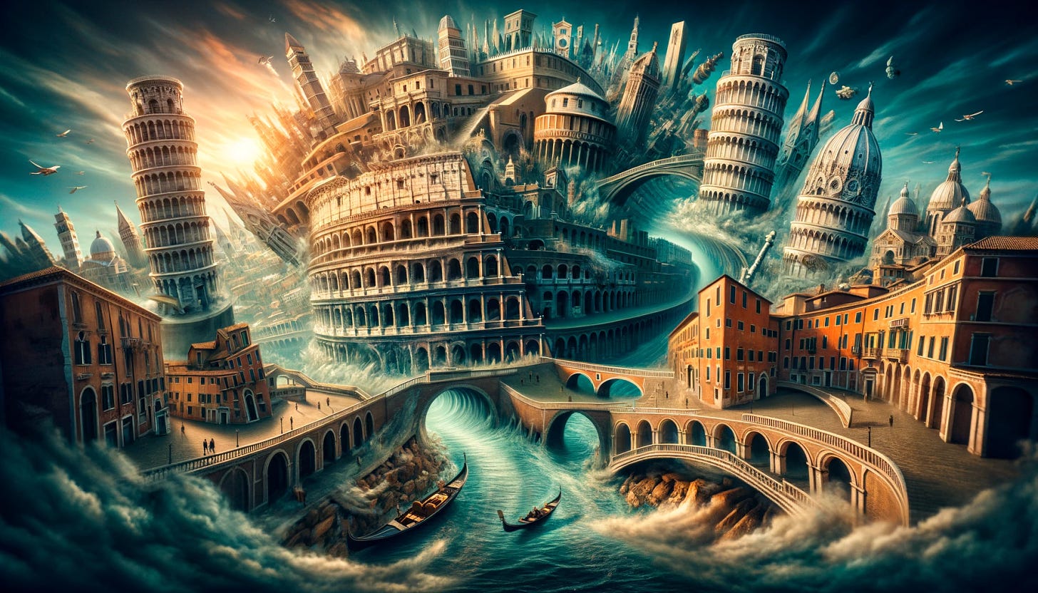 A surreal and dream-like depiction of Italy inspired by the movie Inception. The scene combines iconic Italian landmarks such as the Colosseum, the Leaning Tower of Pisa, and Venetian canals, all blended in a fantastical, impossible landscape. The architecture is twisted and folded upon itself, reflecting the mind-bending visual style of Inception. The sky is a swirling mixture of day and night, adding to the surreal atmosphere. The image captures the essence of Italy while infusing it with the imaginative and dream-like elements characteristic of the film.