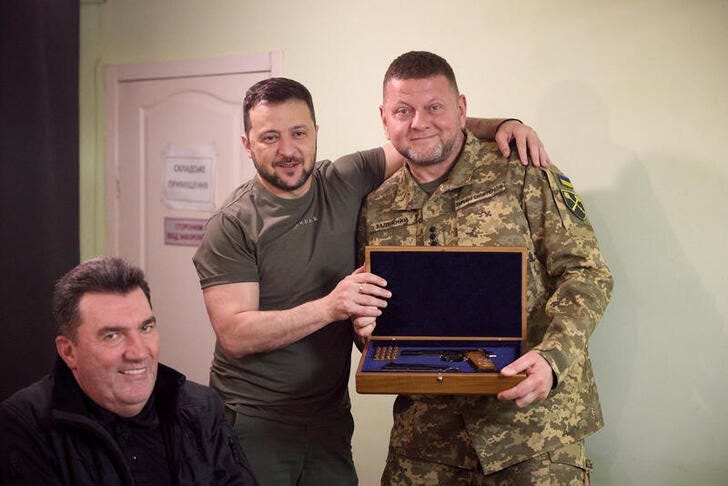 Ukraine's President Zelenskiy and Commander in Chief of the Armed Forces Zaluzhnyi pose for a picture in Dnipro
