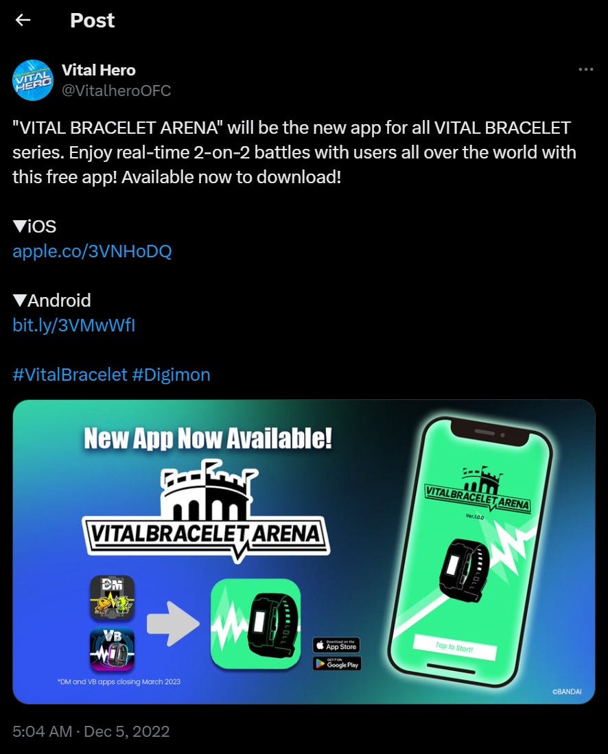 An announcement tweet of the Vital Bracelet Arena app dated December 5th 2022