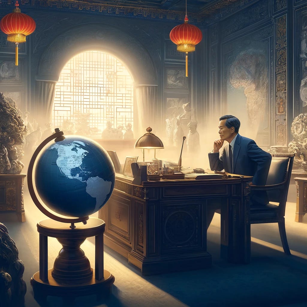 An illustrative scene depicting a diplomatic office setting, showcasing a senior Chinese diplomat, Jia Qingguo, seated thoughtfully at a desk surrounded by elements of traditional Chinese decor. The room includes a large globe focused on the United States and China, symbolizing the complex geopolitical relationship. The atmosphere is serious and contemplative, reflecting the strategic discussions and analyses concerning international relations. The image emphasizes the gravity and thoughtfulness with which such diplomatic issues are approached, without depicting any specific individuals or controversial scenarios.