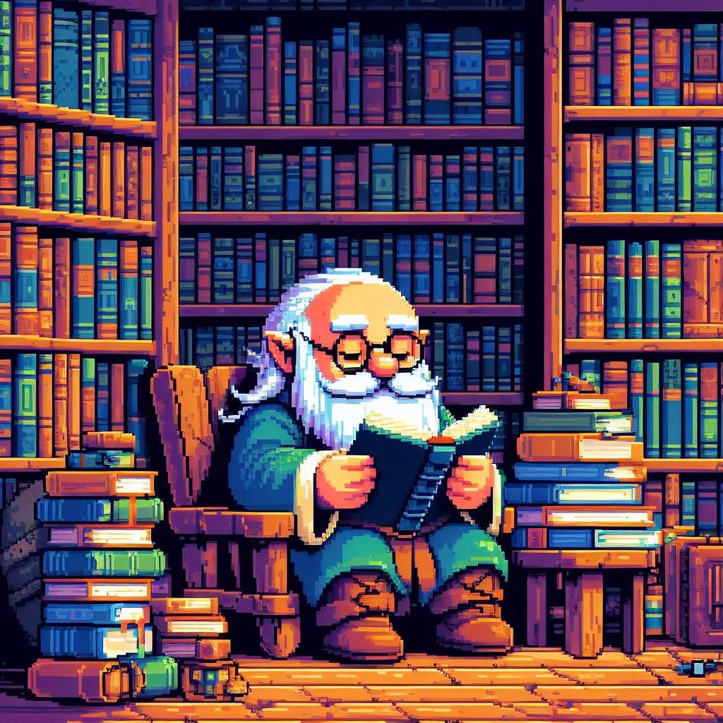 A dwarf reading books on a library, pixel art style