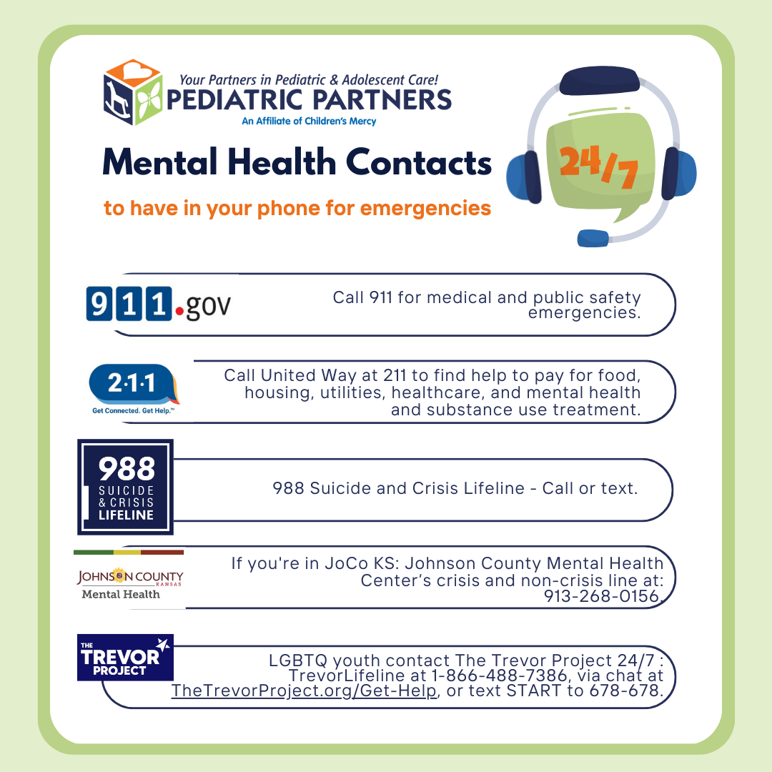 An image of mental health contacts, including 911 for medical and public safety emergencies, 211 for help paying for food, housing, utilities, healthcare, and mental health and substance use treatment. 988 for the suicide and crisis lifeline - call or text 988. If you're in Johnson County Kansas, the mental health center's number is 913-268, 0156, the trevor project can be contacted 24/7 at 866-488-7386 or via chat at the trevor project dot org forward slash get dash help or text start to 678-678.