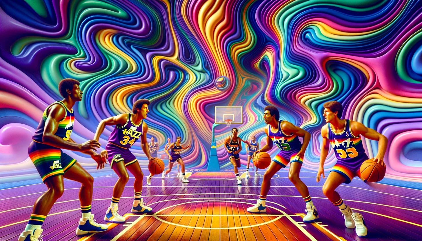 A surreal and psychedelic basketball scene featuring the Utah Jazz and Denver Nuggets playing against each other. Both teams are wearing their old-school jerseys. The Utah Jazz players are in their classic purple, yellow, and green uniforms from the 1990s, while the Denver Nuggets players are in their iconic rainbow city skyline jerseys from the 1980s. The background is a swirl of vibrant, psychedelic colors, creating an almost dream-like atmosphere. The basketball court itself seems to warp and blend with the surreal background, adding to the otherworldly vibe of the scene.