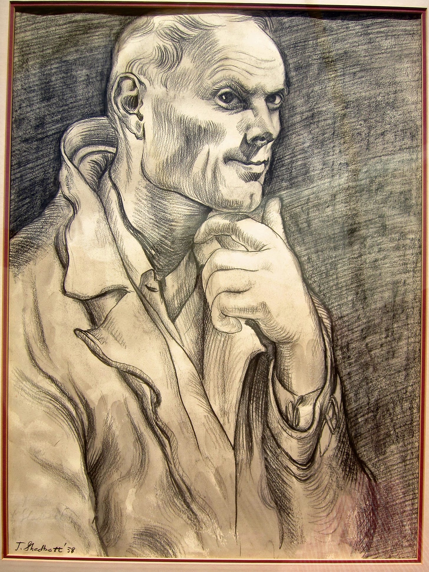 Drawing of a pensive young man with his hand on his chin