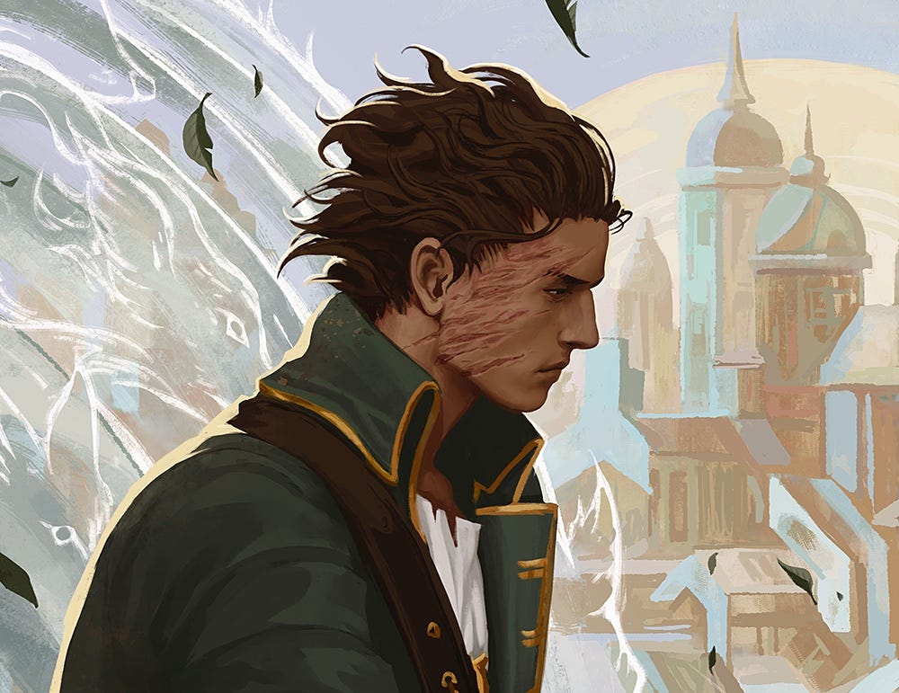 An illustration of Merik's left side with his scars visible and wind whipping through his  hair. He looks broody and intense, dressed in naval coat while a city skyline is blurred behind him