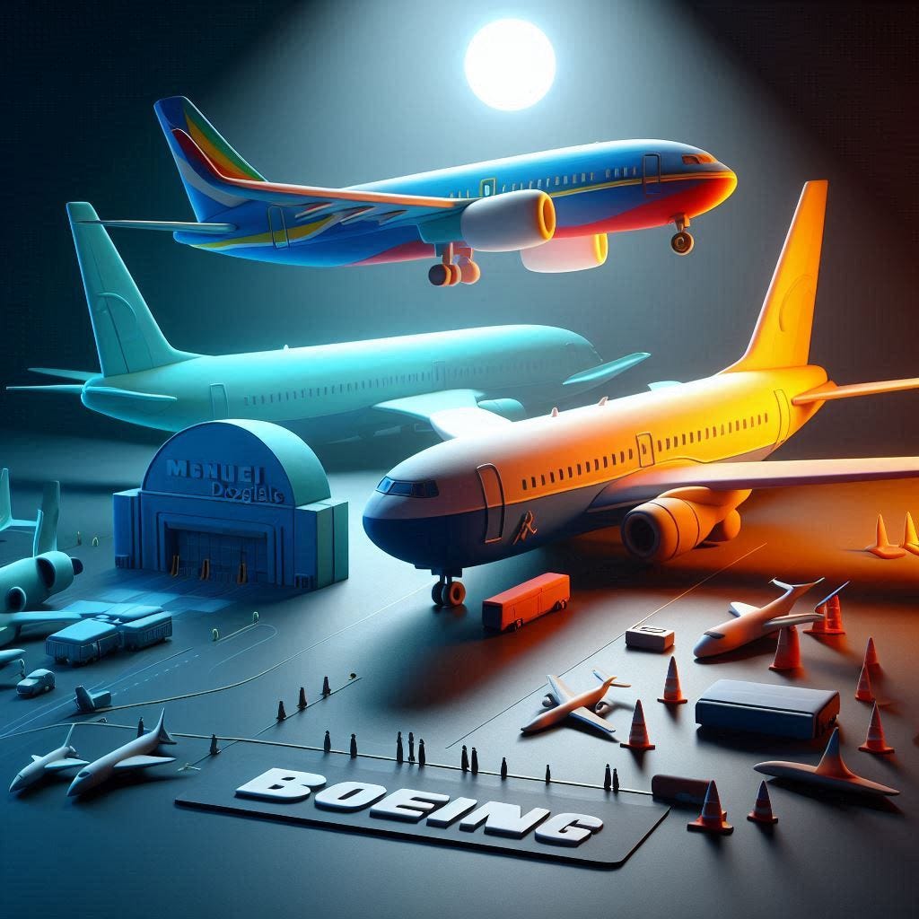 Boeing and McDonnell Douglas - in Claymation  - Using bright colours - minimalist image - Smooth Image - with 3d Effects with light projecting from the top in a dark room