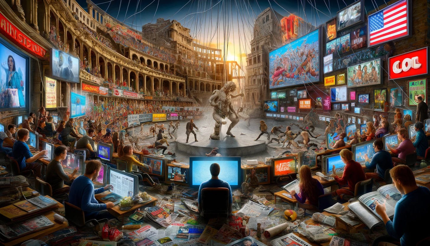 A hyperrealistic modern scene where people are intensely consumed by various forms of media and entertainment, including newspapers, magazines, radio, television, and cinema. They are surrounded by a chaotic blend of vividly detailed advertisements, news headlines, and entertainment screens. In the background, a meticulously rendered Roman coliseum with gladiators fighting symbolizes the historical comparison. A shadowy, highly detailed figure in the distance manipulates the scene with strings like a puppet master. The overall atmosphere is overwhelmingly intense, illustrating the distraction from social and political realities.