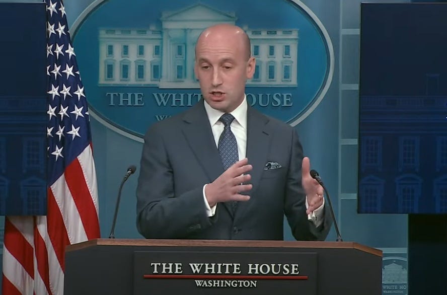 Unflattering screenshot of Stephen Miller at a White House press briefing. Unflattering screenshot of Stephen Miller at a White House press briefing.