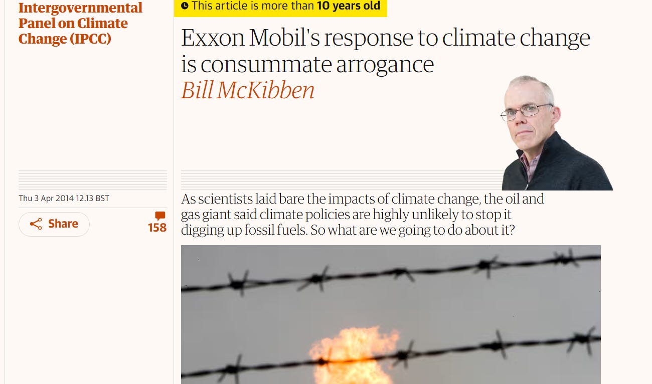 Headline reads: Exxon Mobil's response to climate change is consummate arrogance", April 2014.