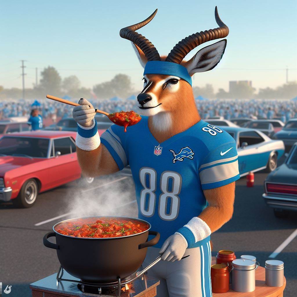 3d render of an antelope, dressed as a detroit lions nfl player, doing a chili cook off in the parking lot tailgate before the game