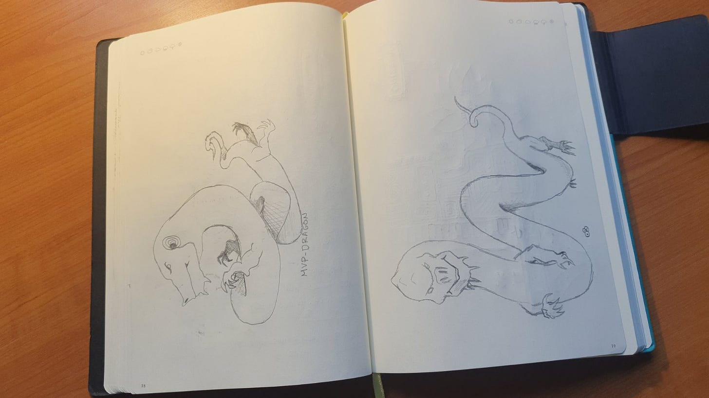 Two MVP dragon sketches on a sketchbook two-pager, with one being crappy