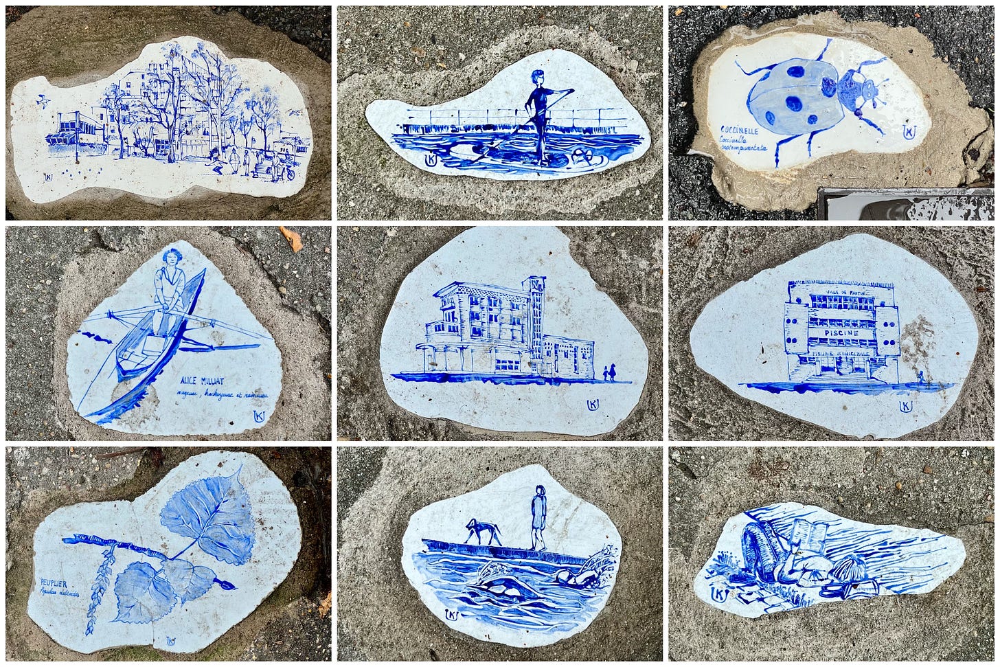 A selection of handpainted tiles in bedded in the streets of Paris.