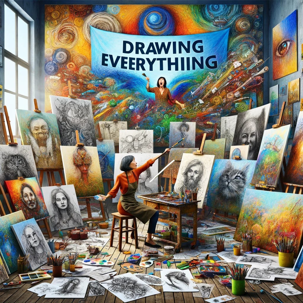 "An artist in a colorful, chaotic studio, surrounded by a multitude of canvases, each displaying a different scene or object, symbolizing 'drawing everything'. The artist, a middle-aged woman of Asian descent, is at the center, energetically painting on a large canvas. The studio is filled with art supplies, sketches, and paintings ranging from landscapes, portraits, to abstract art. The atmosphere is lively and creative, showcasing the artist's passion and versatility."