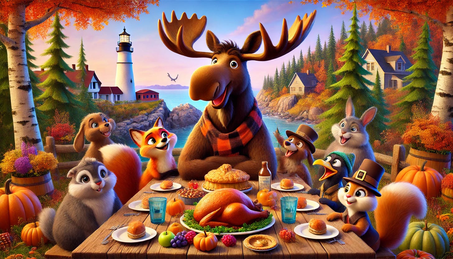 A Pixar-style animated Thanksgiving scene featuring Baxter the moose surrounded by his woodland friends in a vibrant forest setting near the coast of Maine, with a charming lighthouse in the background. Baxter, a cheerful and expressive moose wearing a cozy plaid scarf, sits at a rustic wooden table brimming with a festive Thanksgiving feast, including pies, roasted turkey, and fruits. His woodland friends, including a playful fox, a curious raccoon, a mischievous squirrel, and a family of chirping birds, interact joyfully around him. The background features tall pine trees, colorful autumn foliage, and a picturesque lighthouse perched on a rocky cliff overlooking the sea. The scene is rendered in Pixar's signature style with smooth textures, expressive character designs, bright and warm lighting, and a magical, heartwarming atmosphere.