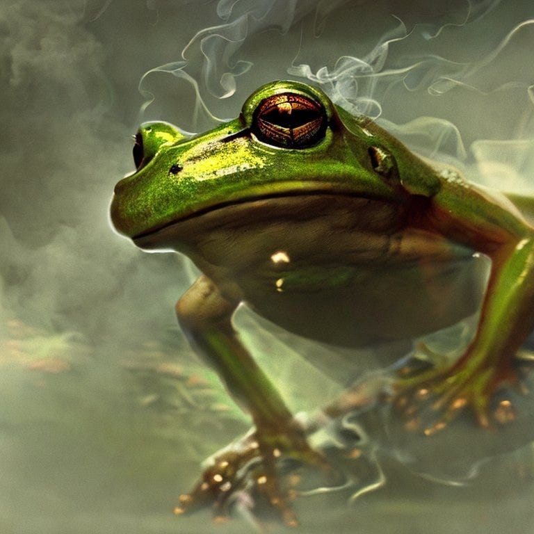 A photorealistic frog shrouded in mist