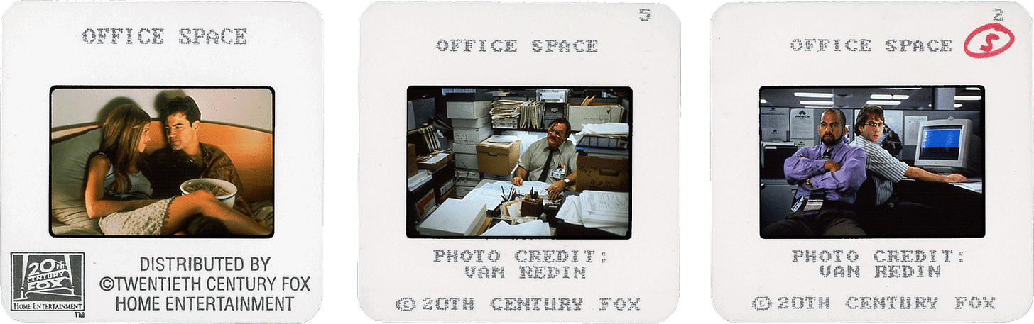 OFFICE SPACE slides; 1st & 2nd photos by Van Redin, courtesy of 20th Century Fox.