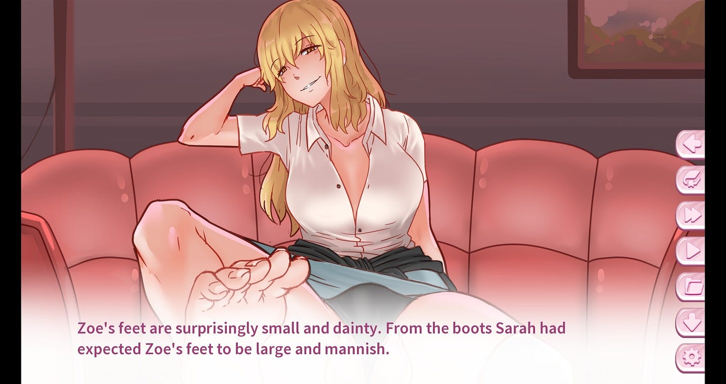 A blonde futa shows her foot while smirking
