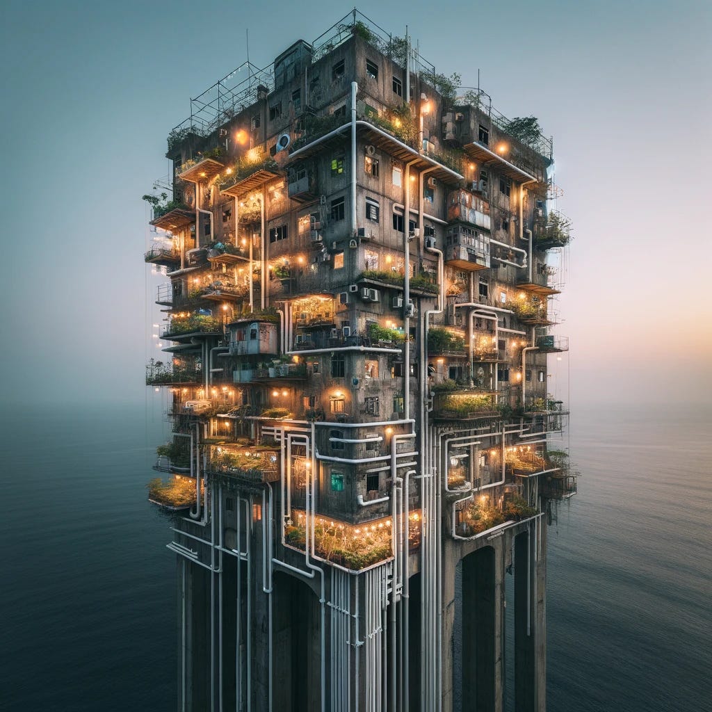 A minimalist wide-angle photograph showcasing the entire abandoned coastal city tower at dusk, zoomed out to include its surroundings. The tower, marked by signs of decay such as cracked walls and rusted frames, is now alive with the glow of string lights, PVC pipes overflowing with greenery, and LED grow lights, illustrating a stark contrast between past neglect and current vibrancy. This broad view captures the tower's full stature and the extensive vertical farming efforts, set against the backdrop of the sea and the soft hues of the dusk sky, emphasizing the tower's role as a symbol of sustainability and rebirth in a clean, uncluttered composition.