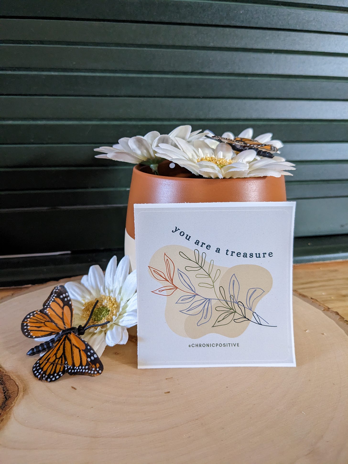 A photo of a cream sticker that says, "you are a treasure" accented by a line drawing of a flower in various complementary colors. The sticker is staged with an earthy orange vase, daisies, and fake monarch butterflies.