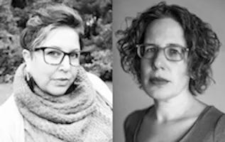 Two side-by-side black and white headshots. Erin Kate on the Left. Allison Wyss on the right. Both are white women looking serious and writerly.