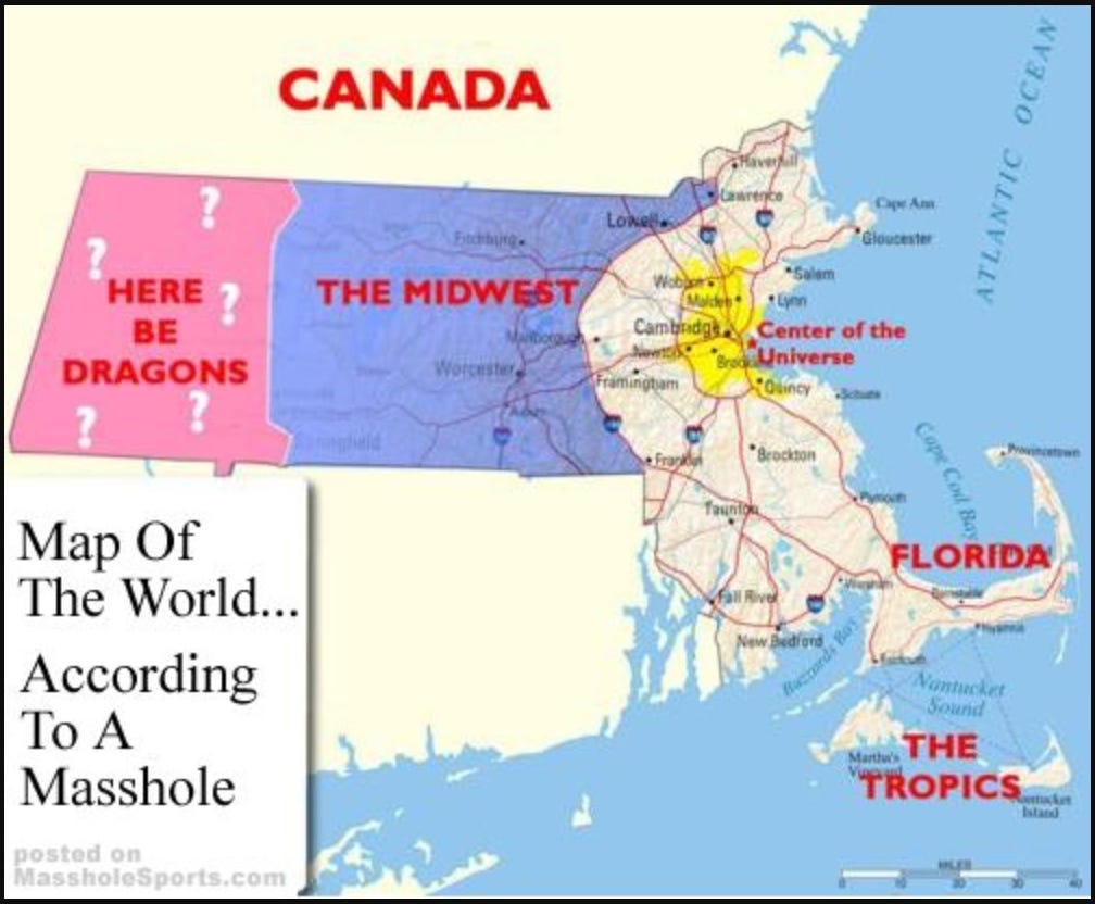 A satirical map of the state of Massachusetts with the surrounding states named as Canada.