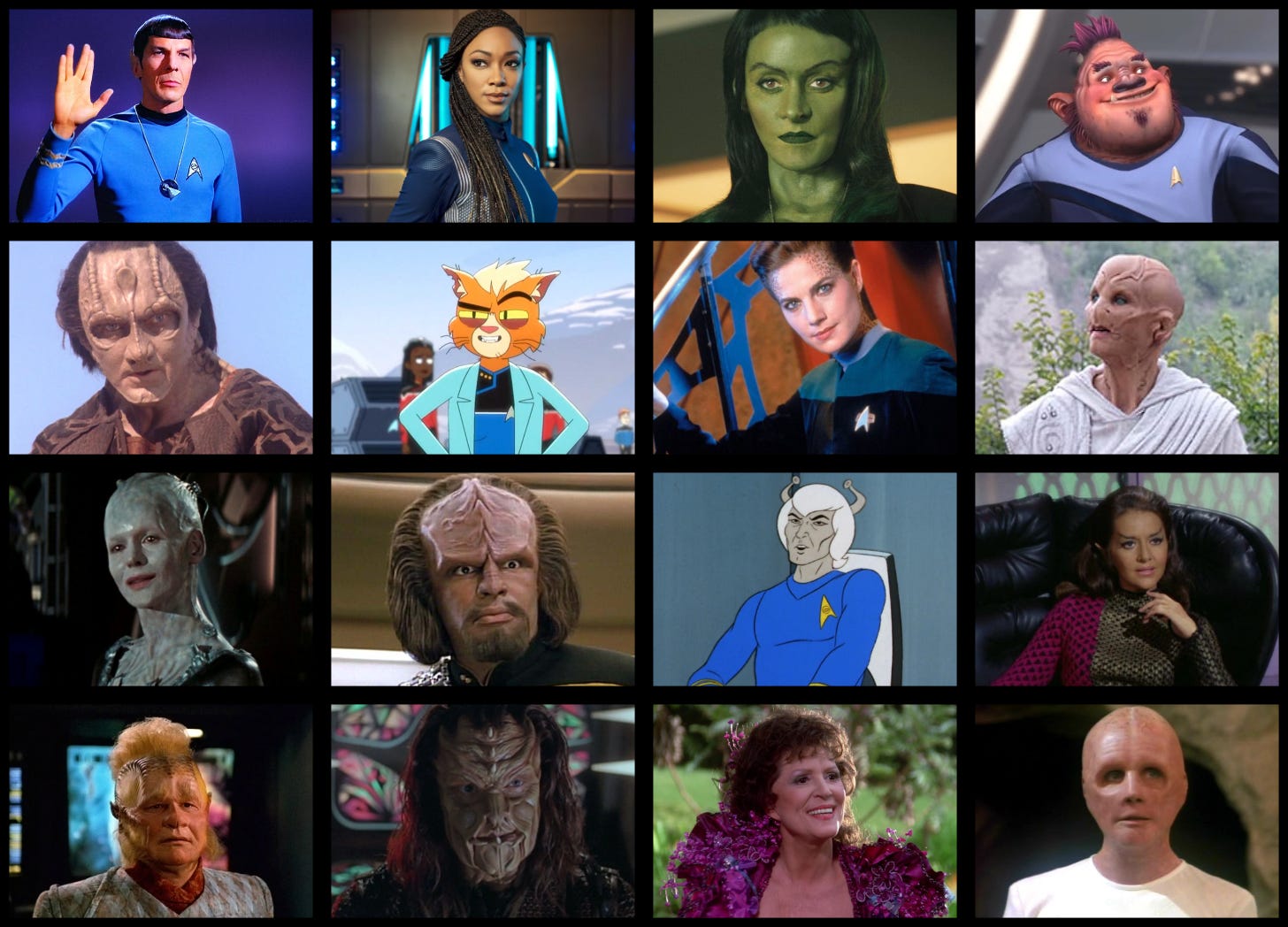 A grid of sixteen different “alien” humanoids in the Star Trek universe.