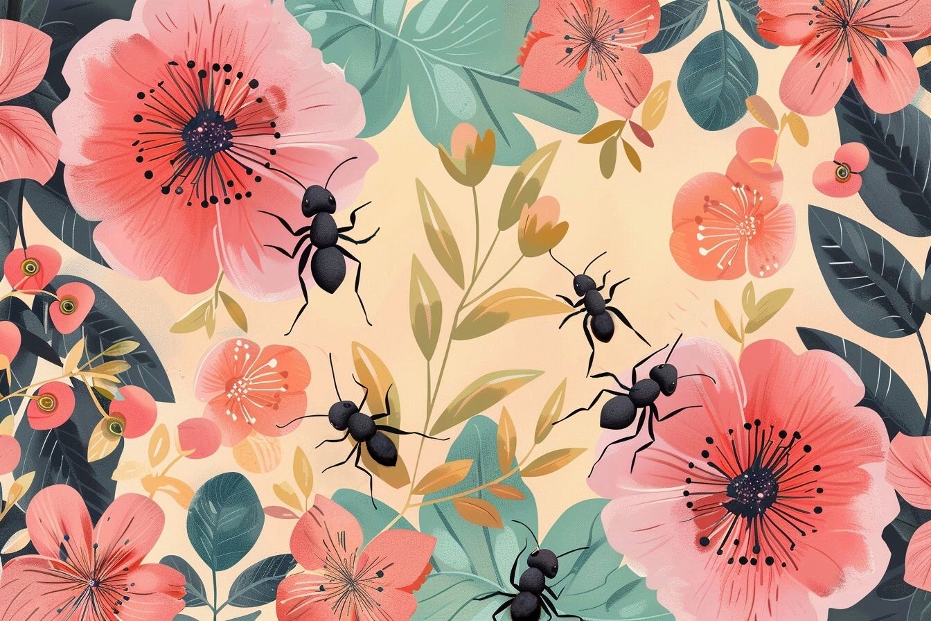 A computer generated illustrated image of a pink poppy style flowers, leaves, and five black ants.