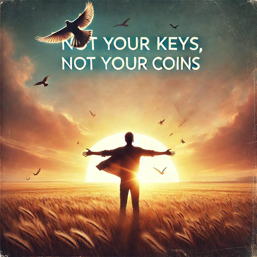 An inspiring image symbolizing freedom, featuring a glowing sunrise over a vast open field with a lone figure standing with arms outstretched, embracing the wind. Birds fly freely in the sky, and the text 'Not your keys, Not your coins' is subtly placed in the corner or along the edge of the image in a soft, unobtrusive font. The text should blend naturally with the scene, allowing the visual focus to remain on the themes of liberation and open possibilities.