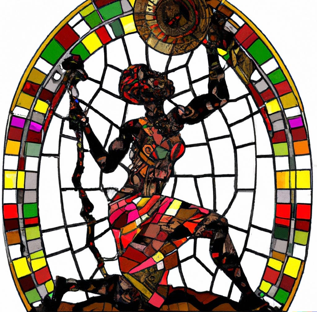 A stained glass window depicting a woman with a crooked stick holding aloft a sort of icon