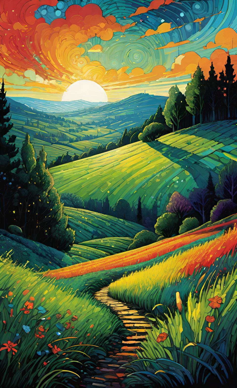 An illustration overlooking rolling hills of grass and forest beneath a majestic cloudscape and setting sun. The picture is marked by vivid colors of green, blue, gold, yellow, orange and red and done in a style somewhat reminiscent of Vincent Van Gogh.