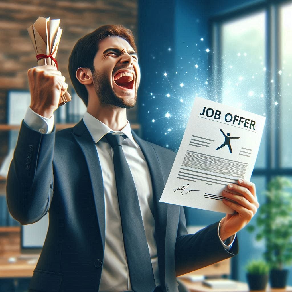 Person celebrating with a job offer letter in hand, symbolizing successful job search completion.