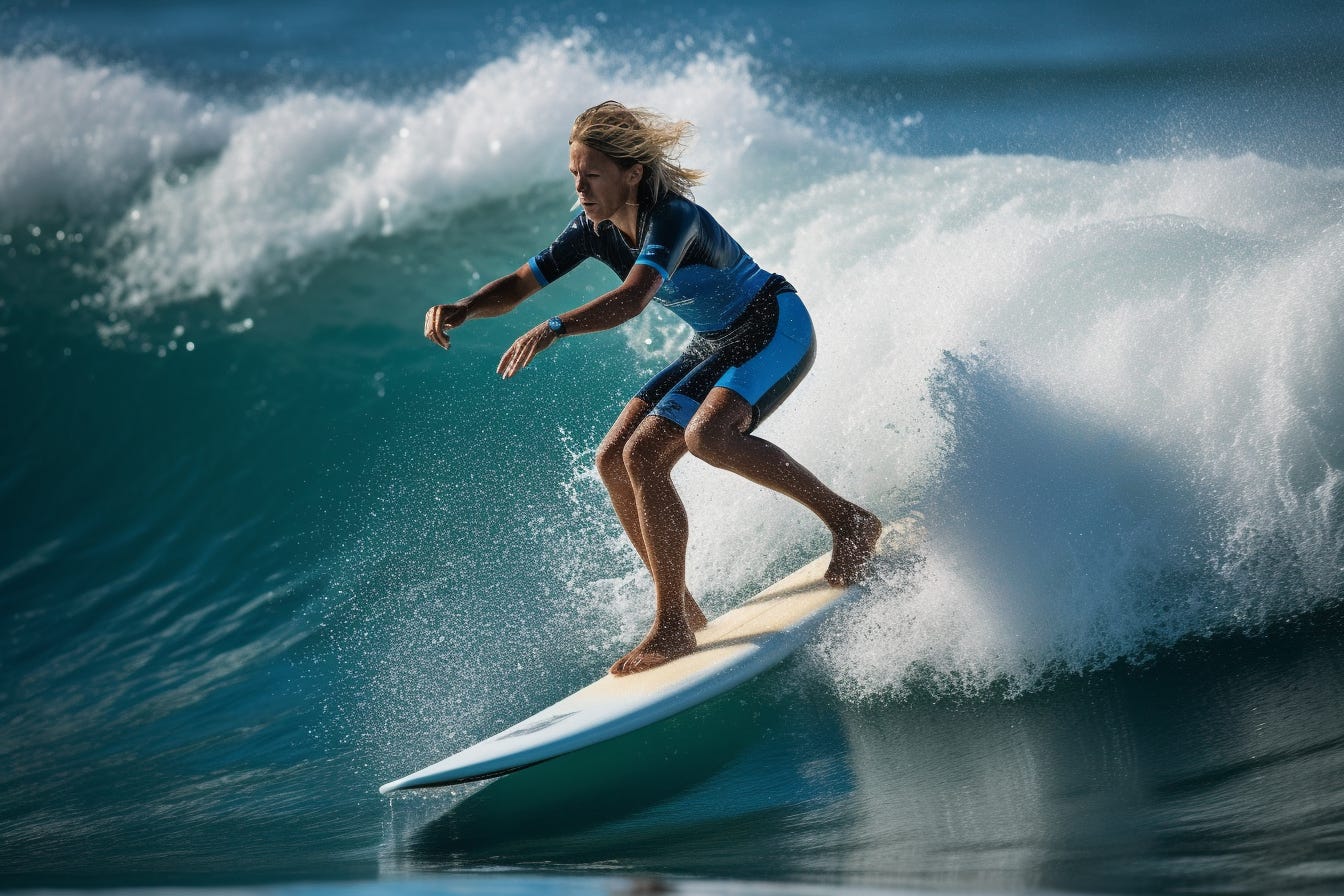 Midjourney image of a surfer with three legs.