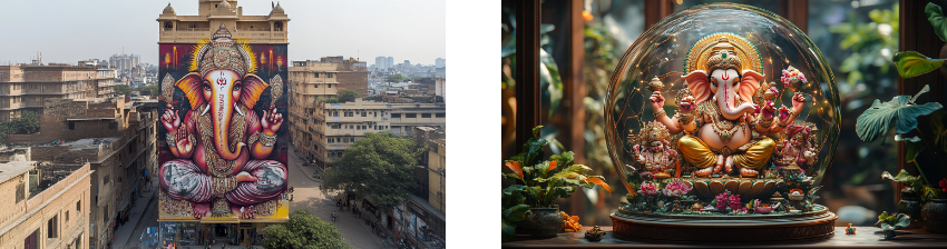 Two-part image: the left side shows a vibrant, large-scale mural of Ganesha painted on the side of a tall building in an urban setting, towering over the surrounding neighborhood and infusing the cityscape with colorful, spiritual imagery. The right side features an intricately crafted Ganesha idol encased under a glass dome, adorned with flowers and surrounded by lush green plants, set on a wooden surface, creating an intimate, devotional ambiance.