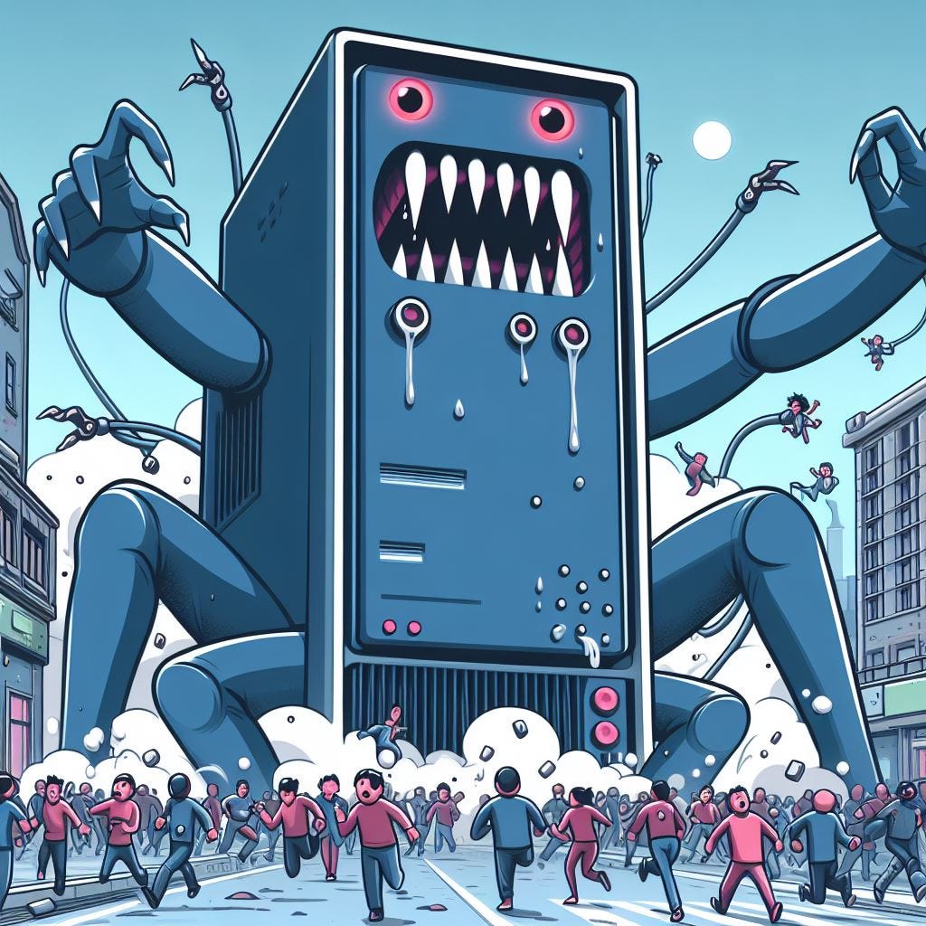 Large kaiju that is a giant computer, menacing a city. Many tiny people are running away. Web cartoon style