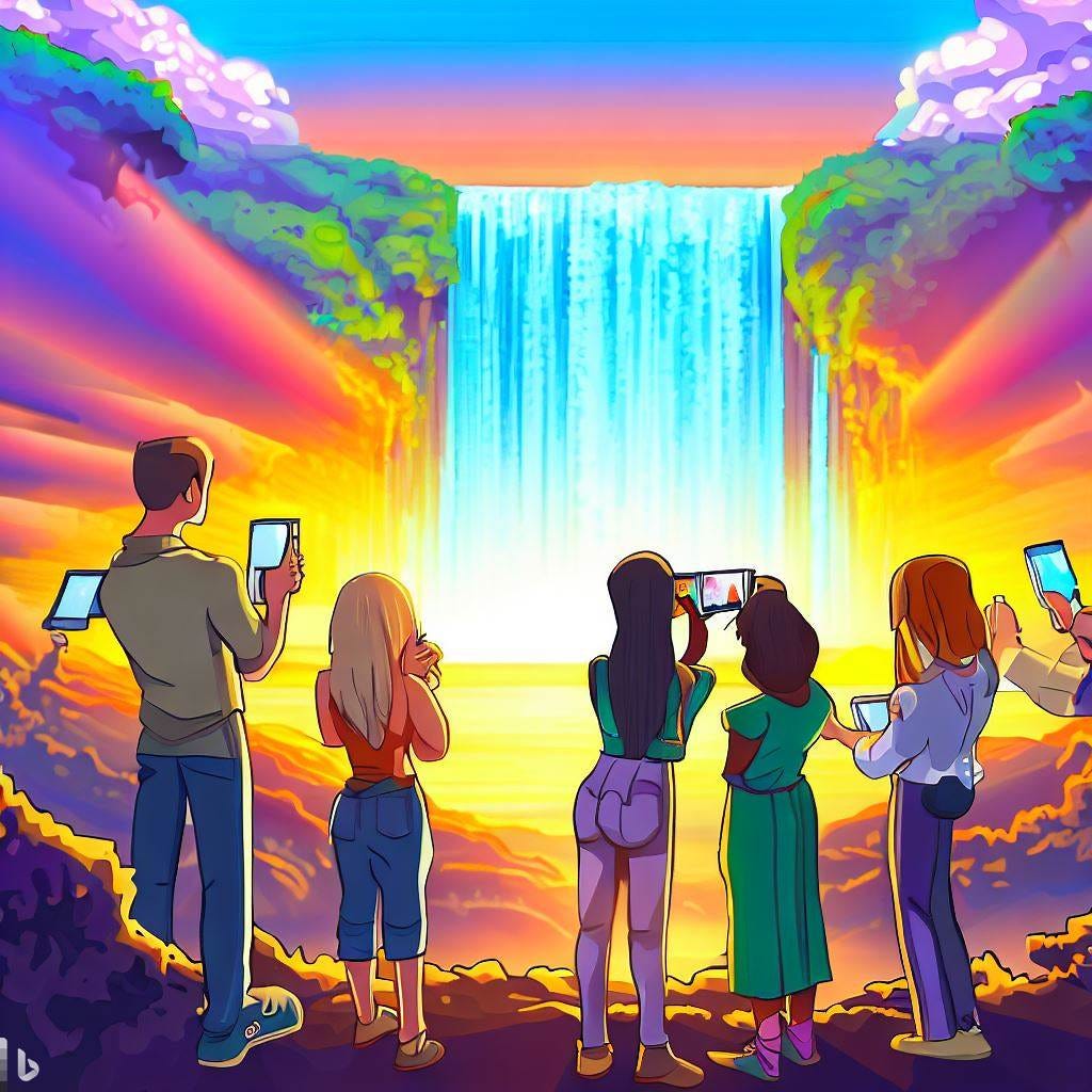 Cartoon image of a group of friends in front of a miraculously beautiful sunrise waterfall landscape all looking at their phones 