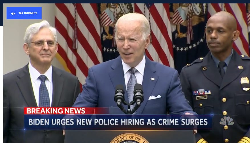 screencap of NBC news coverage with video of Biden speaking, "Biden urges new police hiring as crime surges"