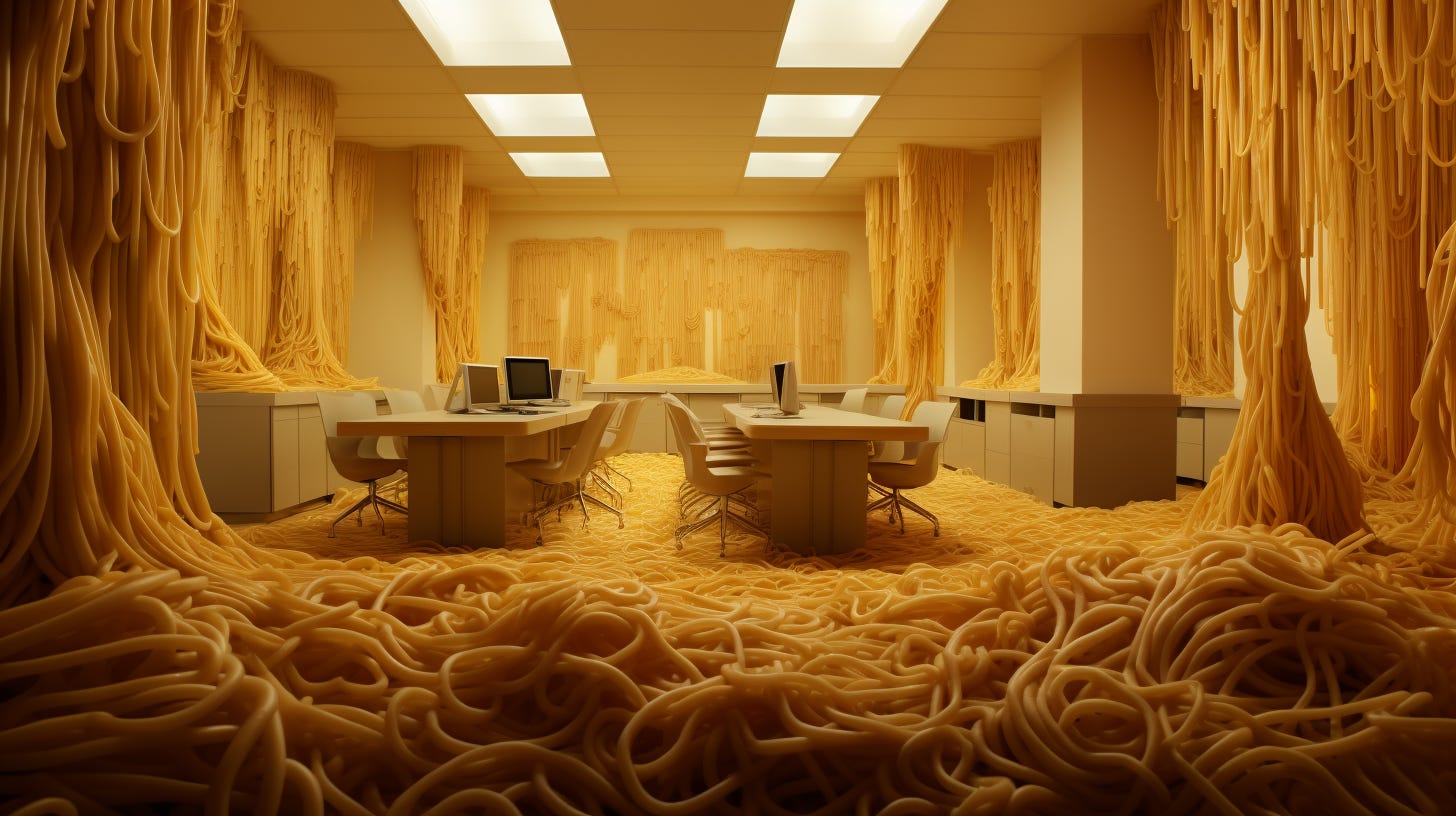Midjourney synthetic image of a corporate office made from spaghetti