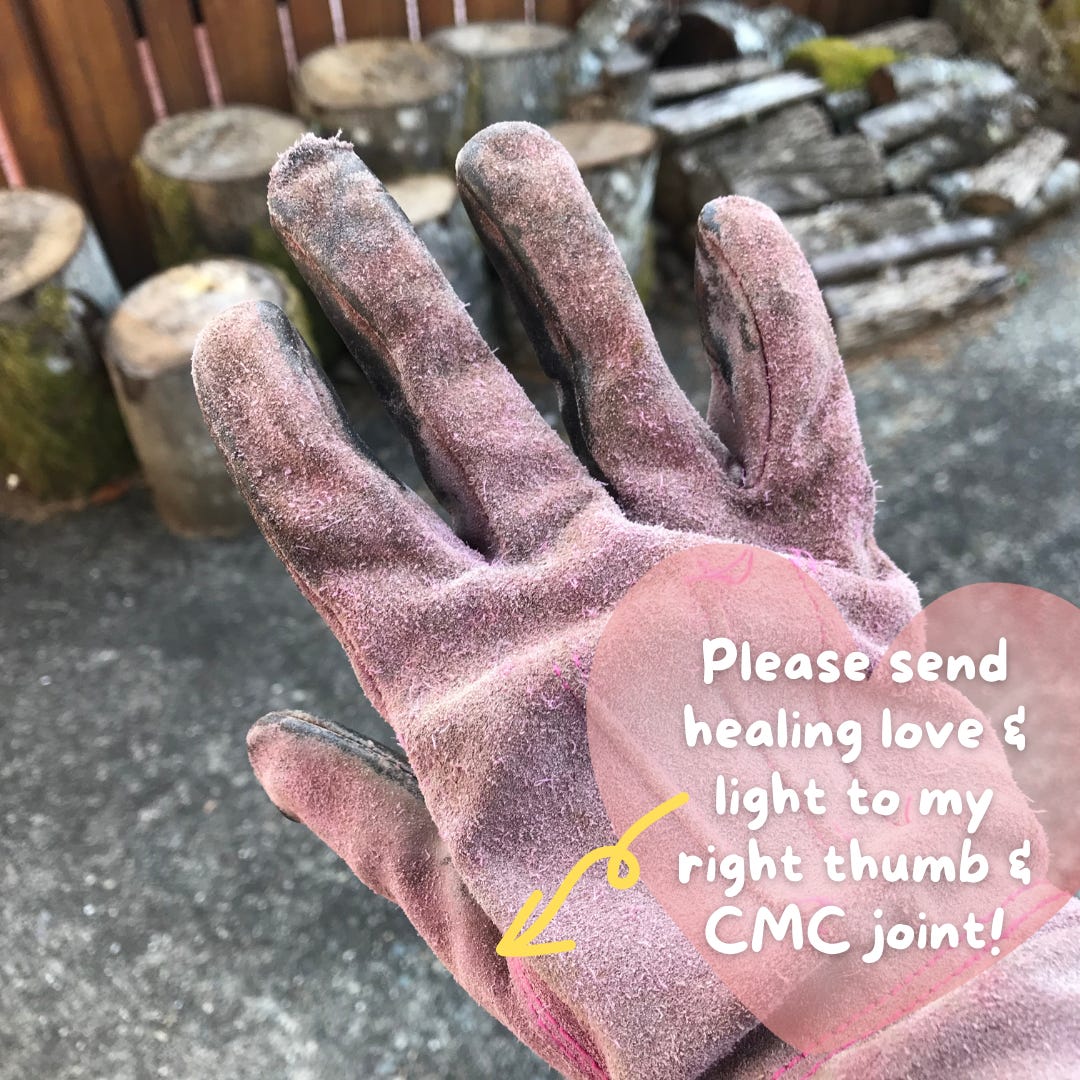 A right-handed pink leather work glove with the caption Please send healing love & light to my right thumb and carpal-metacarpal joint.