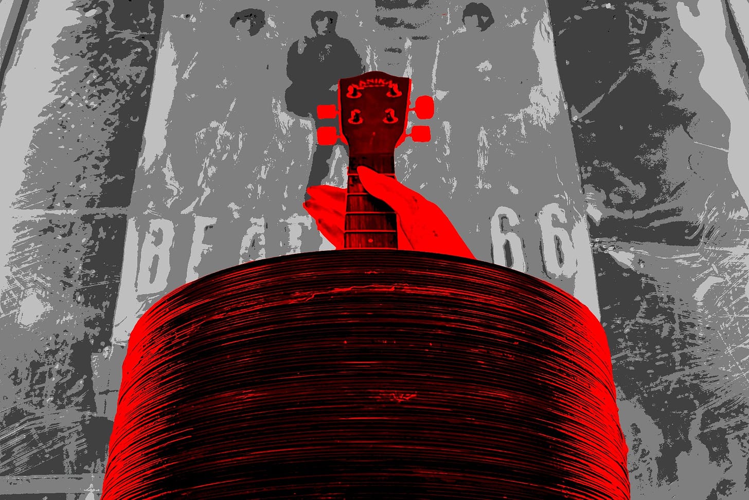 A digitally altered artwork that seems to form part of Martin Bell's "Collection" exhibition. The focal point is a towering stack of vinyl records, rendered in a deep red, which evokes a sense of musical history and passion. A mannequin's hand, strikingly pale against the vibrant stack, is placed at the top, reaching out as though in a gesture of creation or manipulation, holding the neck of a guitar. In the background, obscured and monochrome, is the iconic image of The Beatles, with the text "Beatles 66" referencing their active era. This suggests a connection to the revolutionary music of that time, and possibly a tribute to the enduring impact of The Beatles on music and culture. The overall effect is one of nostalgia, infused with a contemporary artistic edge, likely celebrating the timeless influence of music and its icons.