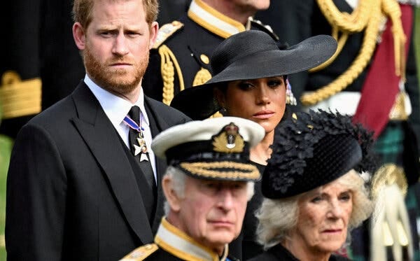 Prince Harry, Meghan, King Charles and his wife, Camilla, at the funeral of Queen Elizabeth II in September.