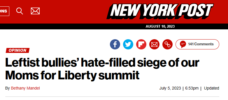 new york post op-ed by Bethany Mandel: "leftist bullies hate filled siege of our Moms for Liberty summit"