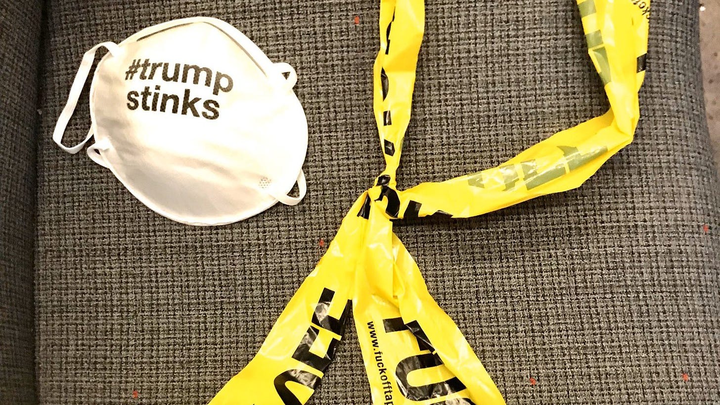 Dan Hicks on X: "For Day 116 of #MuseumsUnlocked (Sat 21 November) on the  theme of HATS, HEADGEAR AND MASKS A "#TrumpStinks" facemask (and "Fuck Off"  tape necktie) collected during the anti-Trump