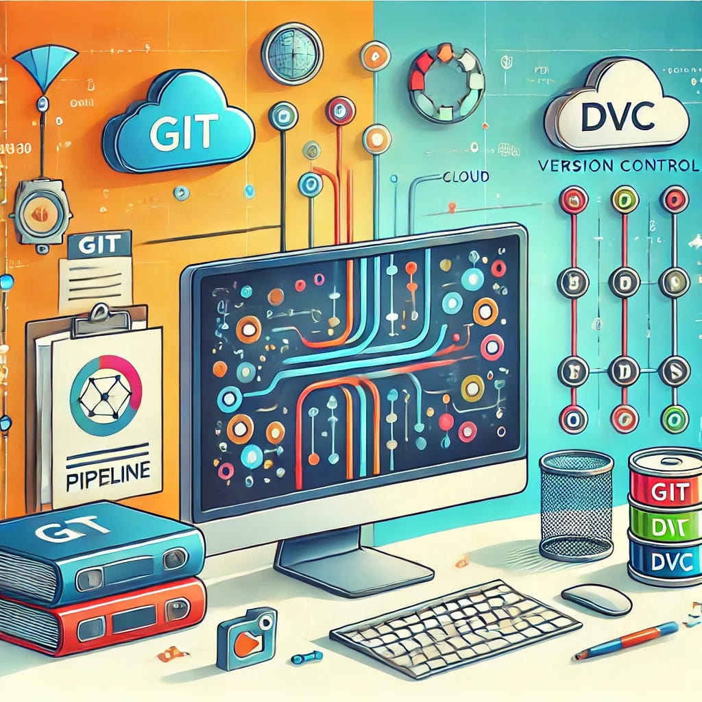 A dynamic and modern illustration of a tech workspace featuring a computer screen displaying a data pipeline with Git and DVC icons. Around the screen, there are data files, cloud storage symbols, and a version control graph showing data evolution. The setting is colorful, clean, and minimalist, emphasizing data management and collaboration in AI and machine learning projects.