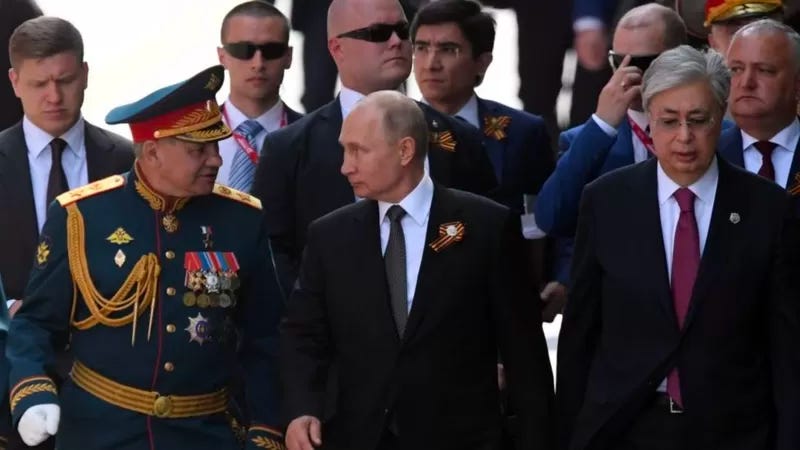 Kazakhstan's President Tokayev (right) was one of few foreign leaders who joined President Putin in Moscow for the Victory Day parade on May 9.