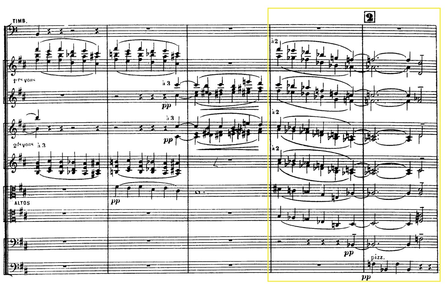 Figure 9. Debussy's Nuages. You can see in the first violins (the second and third staff from the top) the rich series of fifths that help create his unique sound world.https://www.youtube.com/watch?v=s9rp2owmY7E