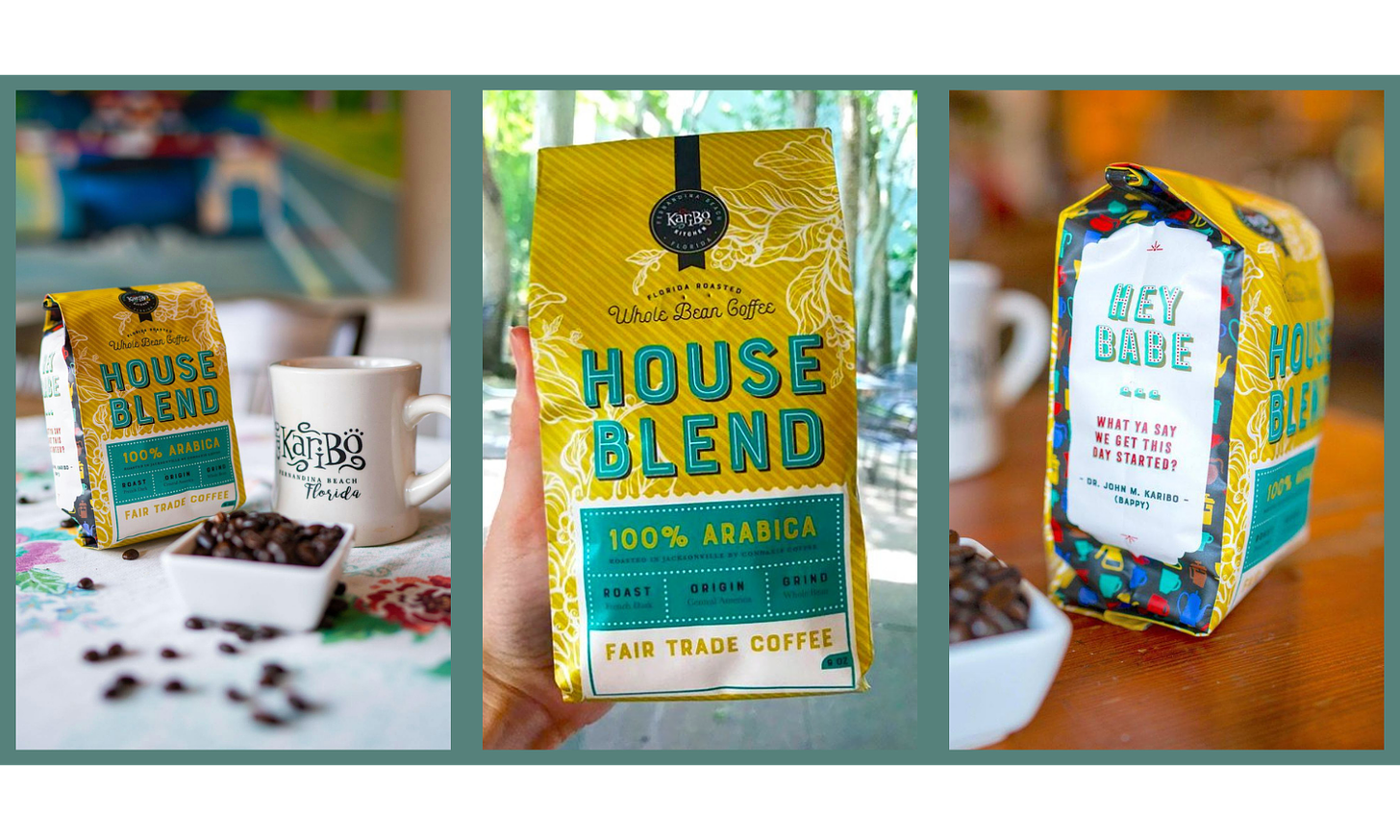 A 3-part set of a coffee bag from the front and sides. The bag is gold with green text that says "House Blend" in green.