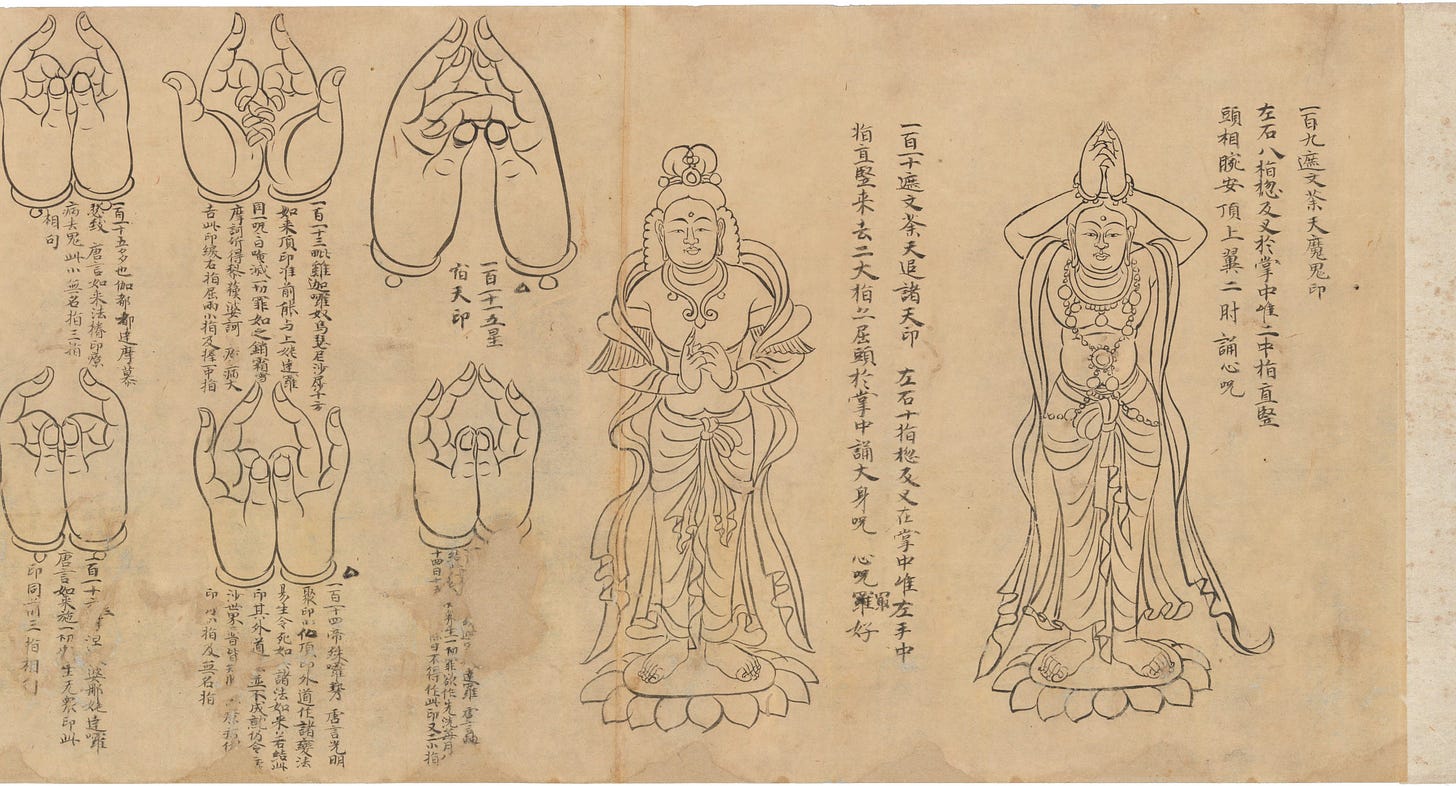 Scroll of Mudras, 11th–12th century, Japan, hand scroll, ink on paper, 28.4 x 247.6 cm (The Metropolitan Museum of Art)