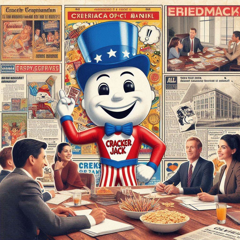 a scrapbook style collage of newspaper and magazine clippings featuring featuring the cracker jack mascot acting as a creative director in a board meeting