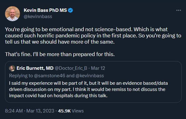 a kevin bass tweet accusing eric burnett of being emotional and not science based.